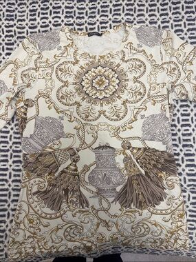 J McLaughlin Cream and Gold Baroque Tassel Print Top